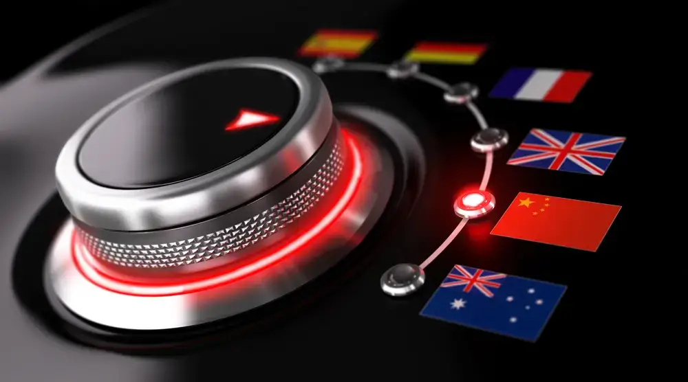 Dial knob connecting multiple national flags, symbolizing multi-language support for Traizr enterprise mail tracking