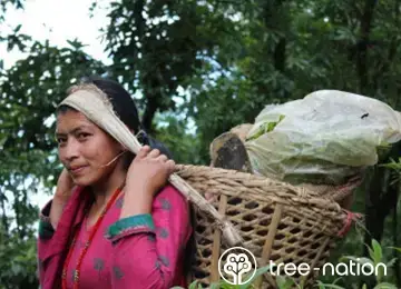 Woman carrying a woven basket of goods on her back in a rural forest setting, reflecting sustainable logistics