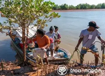 Group of people planting young trees along a riverbank from a boat, symbolizing reforestation and sustainability initiatives