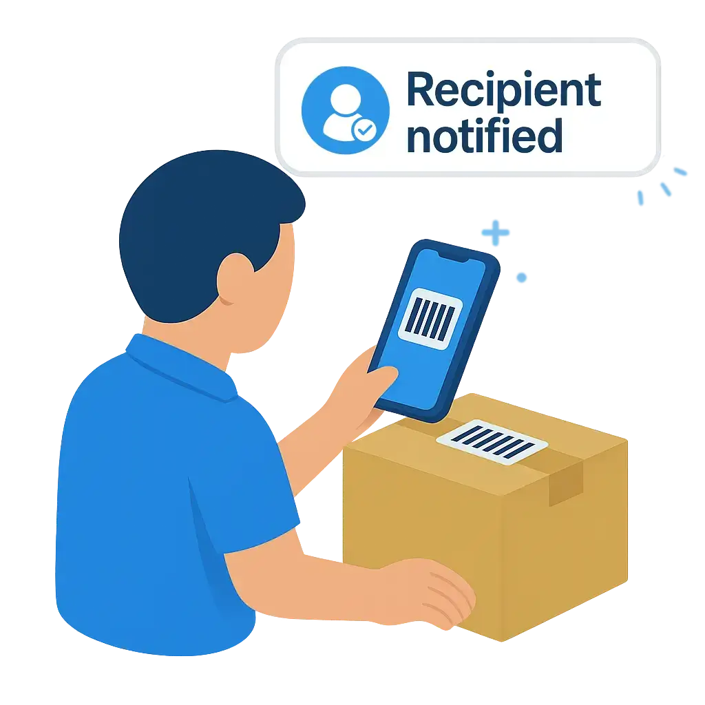 Staff member scanning a parcel barcode with a smartphone using Traizr mailroom app