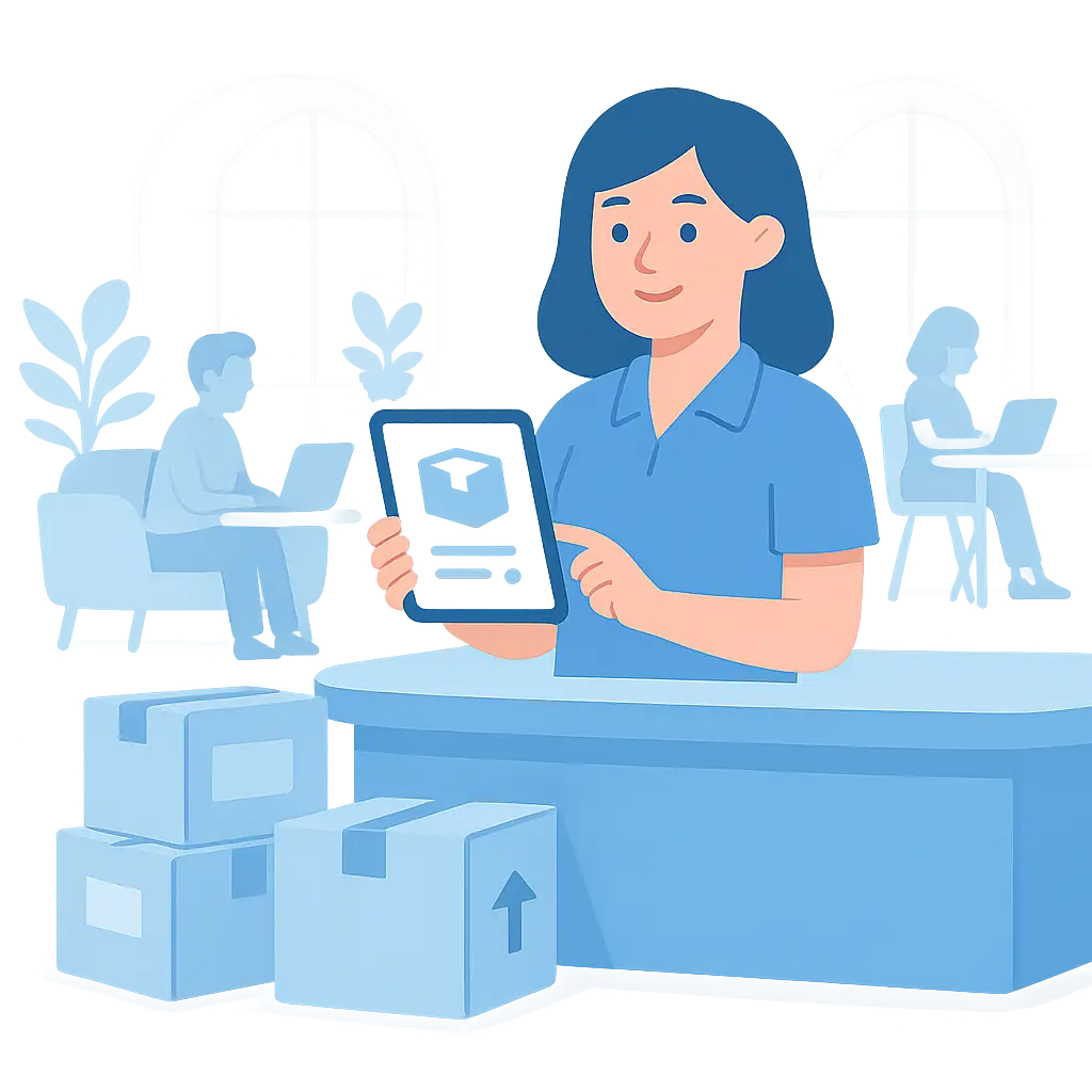 Community manager using parcel management software to track packages in a coworking space