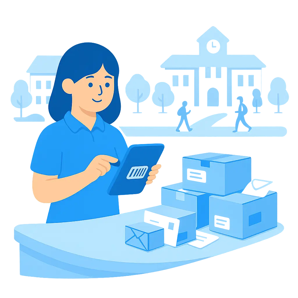 Staff using university mailroom software to scan parcels in a central campus mailroom