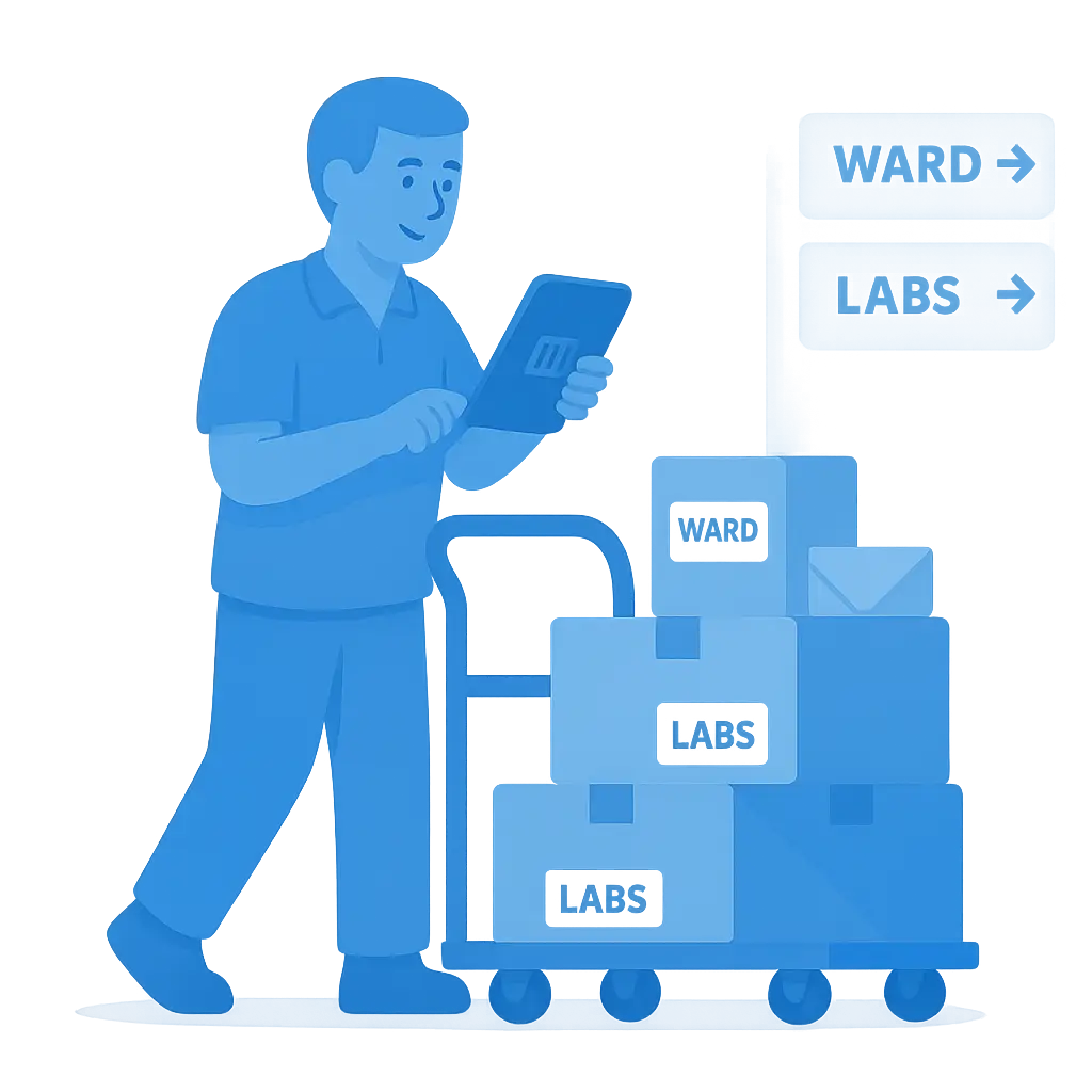 Hospital porter using parcel tracking software to scan deliveries on a trolley in a corridor