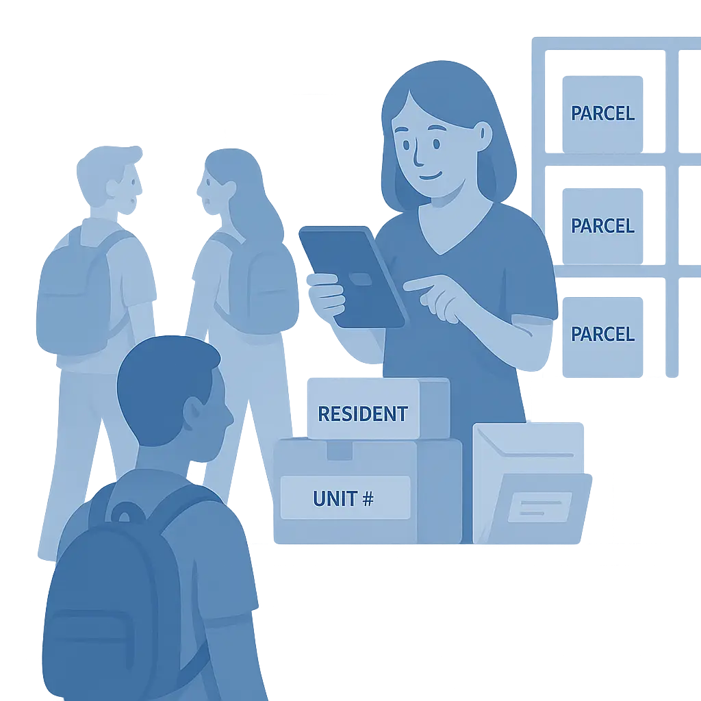 Concierge using apartment package management software to track deliveries in a residential lobby