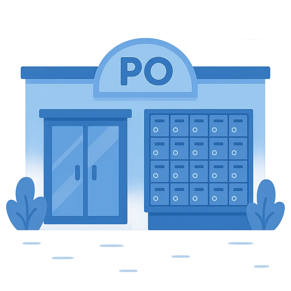 Postal worker using PO box management software to track parcels at a wall of PO boxes