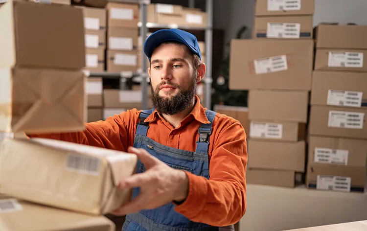 A courier handing a parcel to building staff at a single receiving point