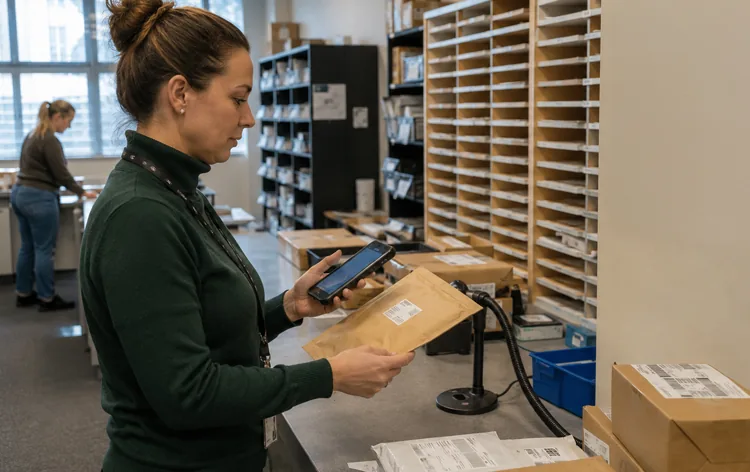 A government building post room logging incoming deliveries securely