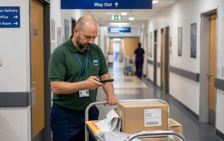 Hospital staff scanning an internal delivery being moved between departments