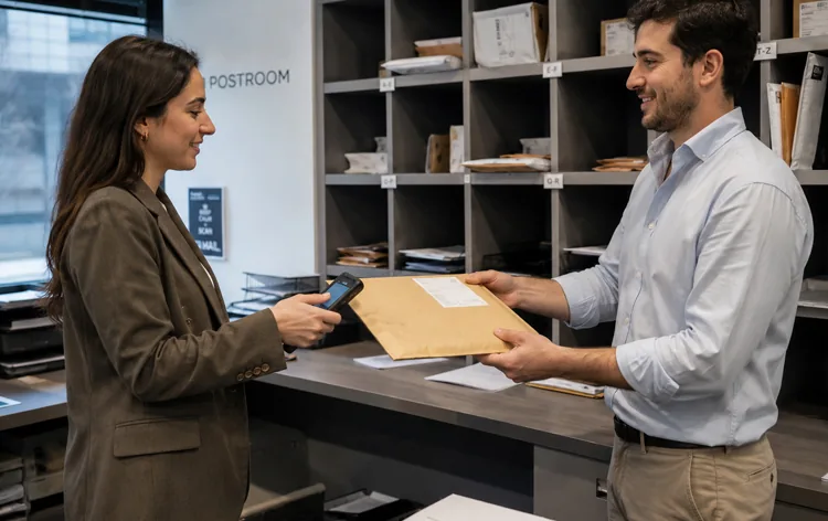 A sealed legal document being scanned and handed over in a law firm post room