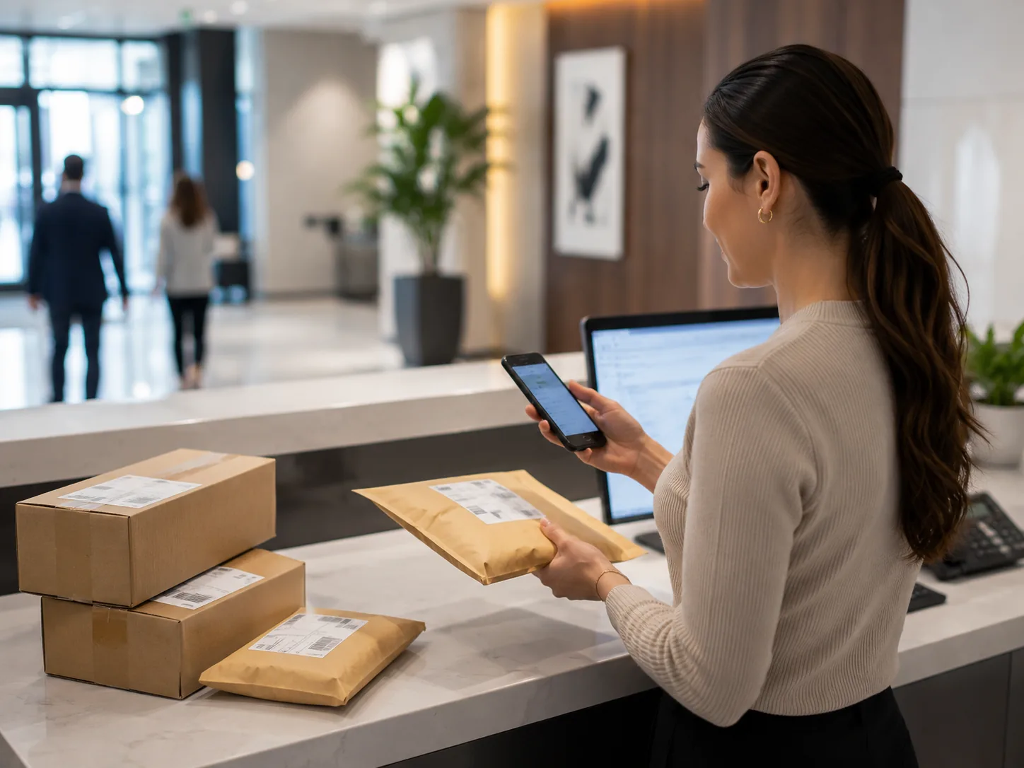 A busy reception desk with parcels being logged on a phone