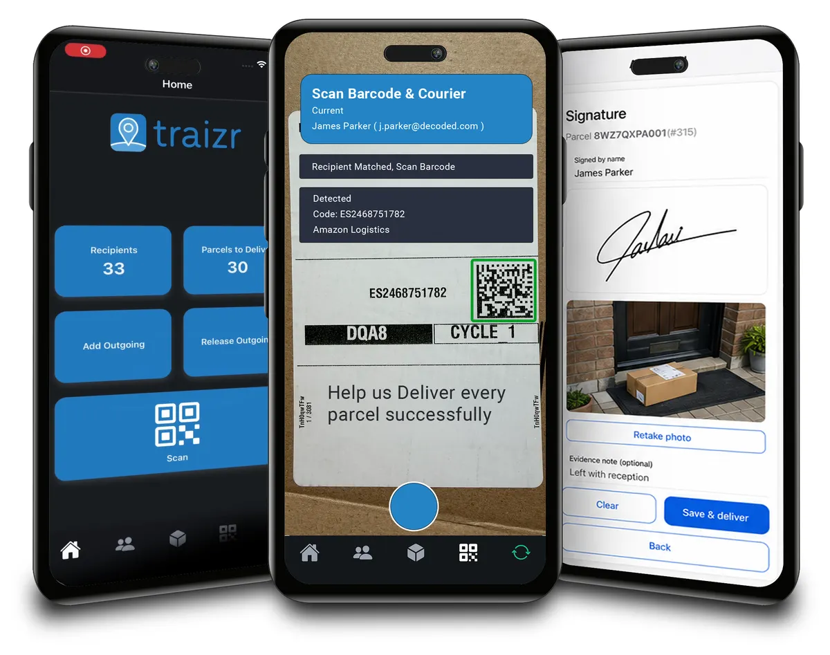 Tre schermate dell'app Traizr: la schermata iniziale, un articolo fotografato e registrato all'arrivo, e la scheda con l'azione eseguita, firmata e documentata con una fotografia