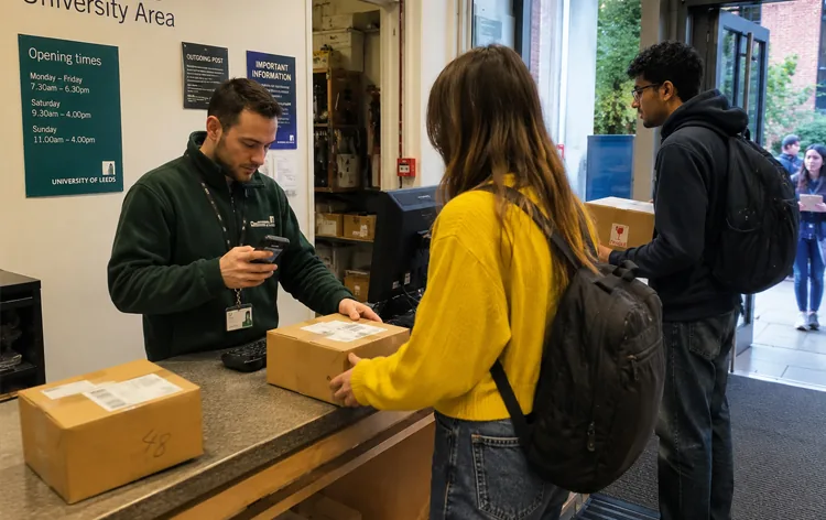 A university reception desk handling student parcels during a busy term