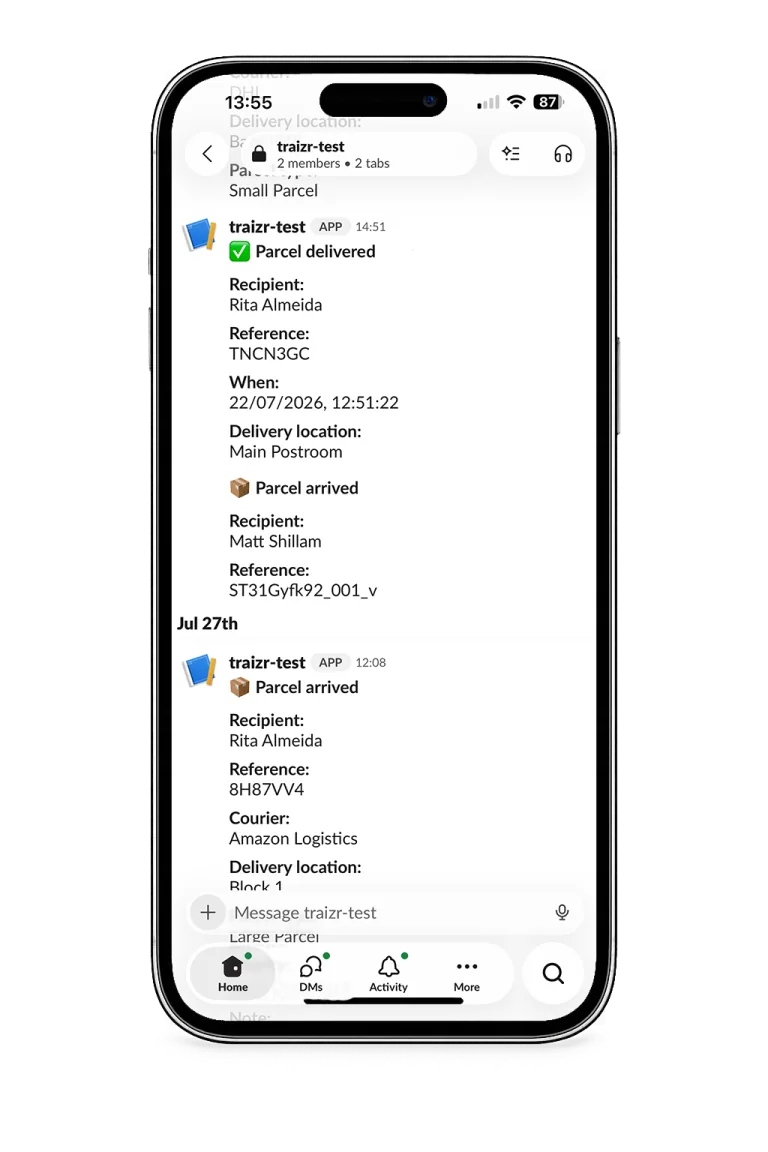 Traizr posting parcel arrival and delivery notifications into a Slack channel, each with the recipient, reference, courier and delivery location