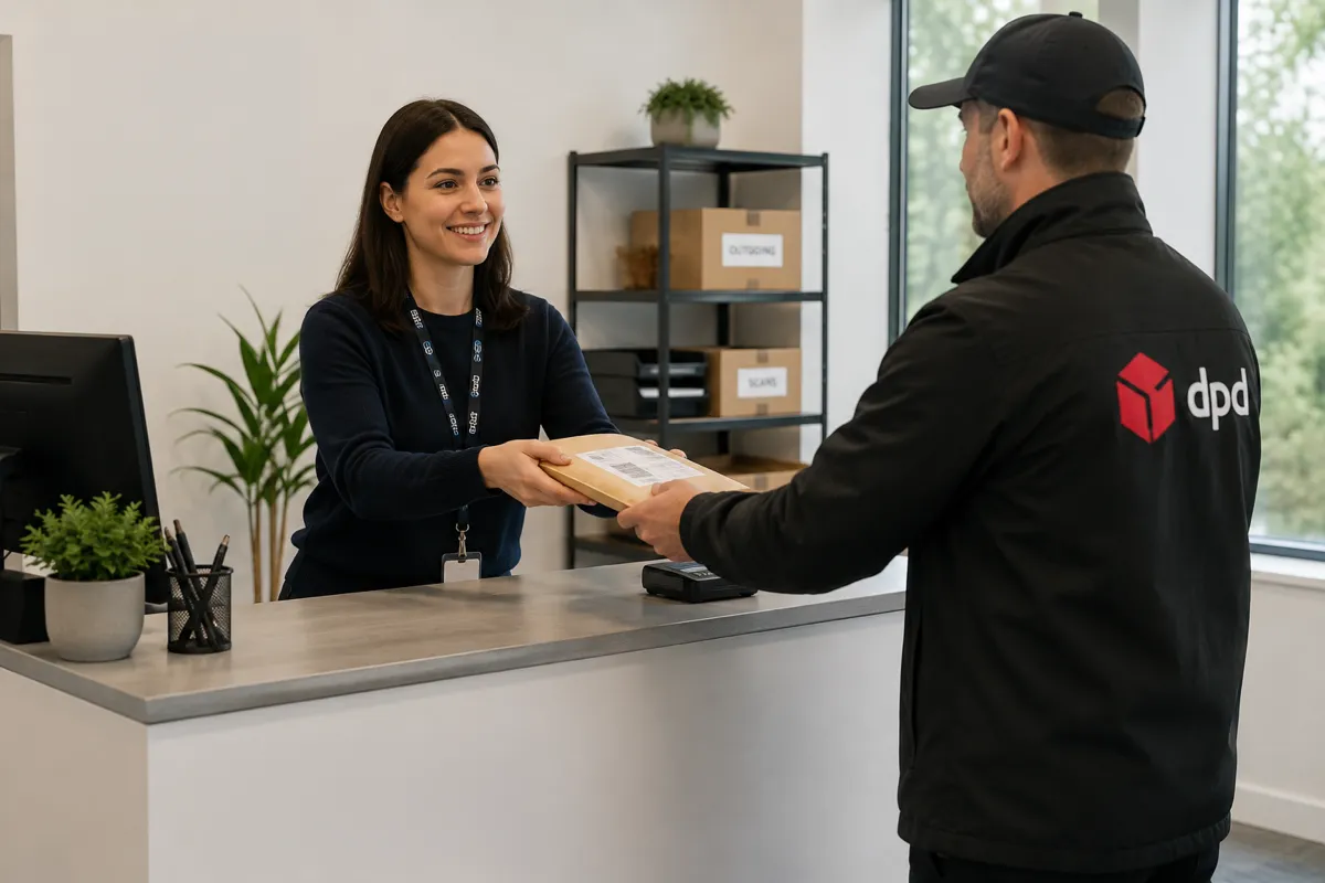 A member of reception staff handing a labelled parcel across the counter to a courier, with shelving behind holding boxes marked outgoing and scans