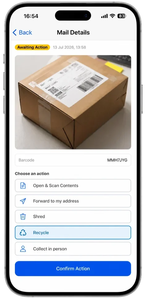 The Mail Details screen in the Traizr app, showing an item photographed on arrival with its status and barcode, and the five actions a virtual office client can choose: open and scan contents, forward to my address, shred, recycle or collect in person