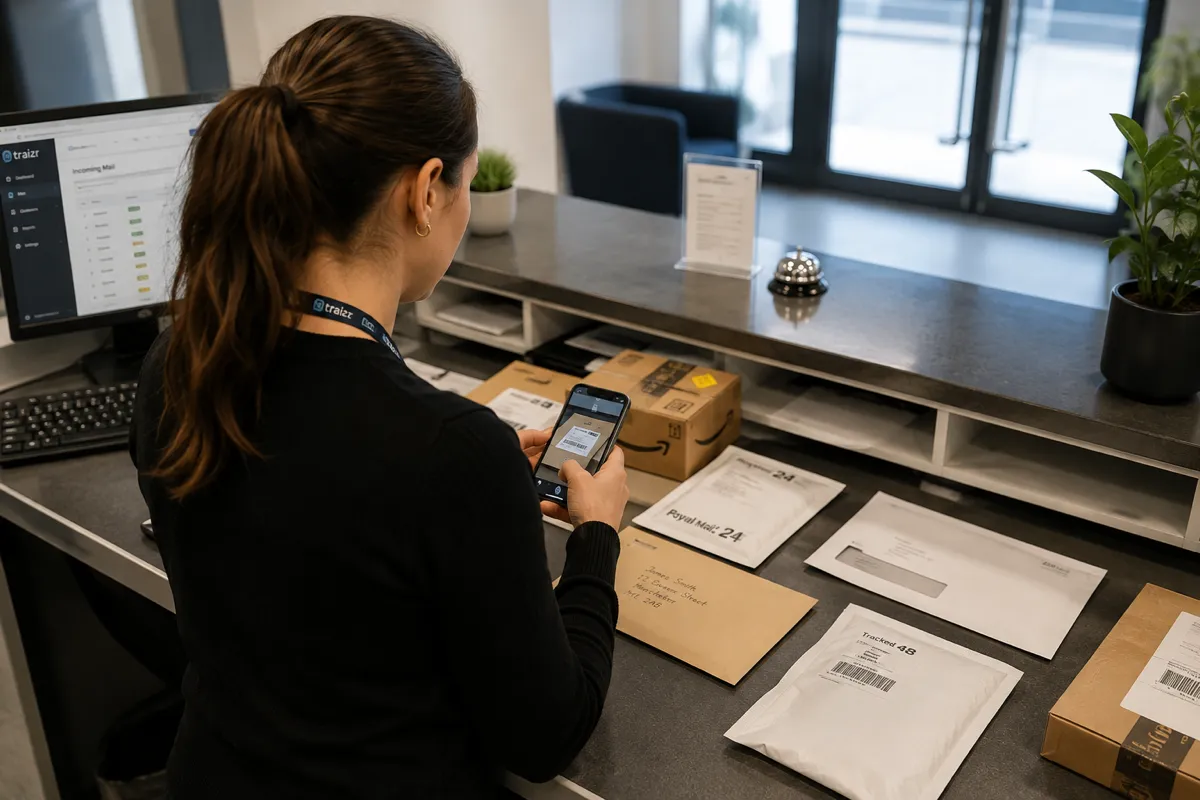 Een receptiemedewerker registreert een binnenkomend pakket op een telefoon aan de balie van de postkamer, met op het scherm erachter de lijst met binnengekomen post en op de balie gesloten pakketten, pakjes en brieven die nog geregistreerd moeten worden