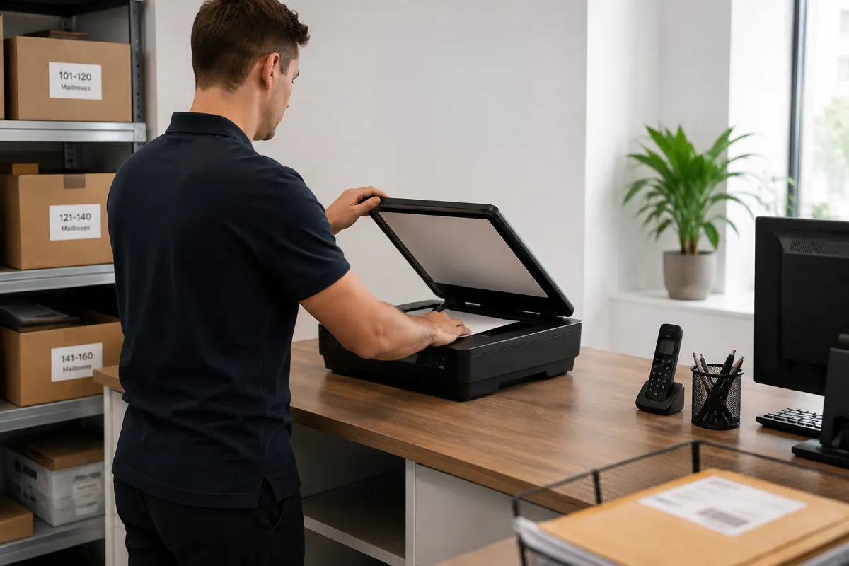 A member of mailroom staff scanning a document at a flatbed scanner in a virtual office mailroom, with shelving behind holding boxes labelled by mailbox number range