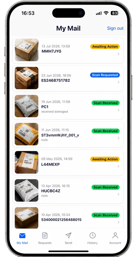 The My Mail screen in the Traizr app, showing a virtual mailbox client's own items with a photograph of each one, the date it was received, its reference and its status: awaiting action, scan requested or scan received