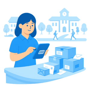 Staff using university mailroom software to scan parcels in a central campus mailroom