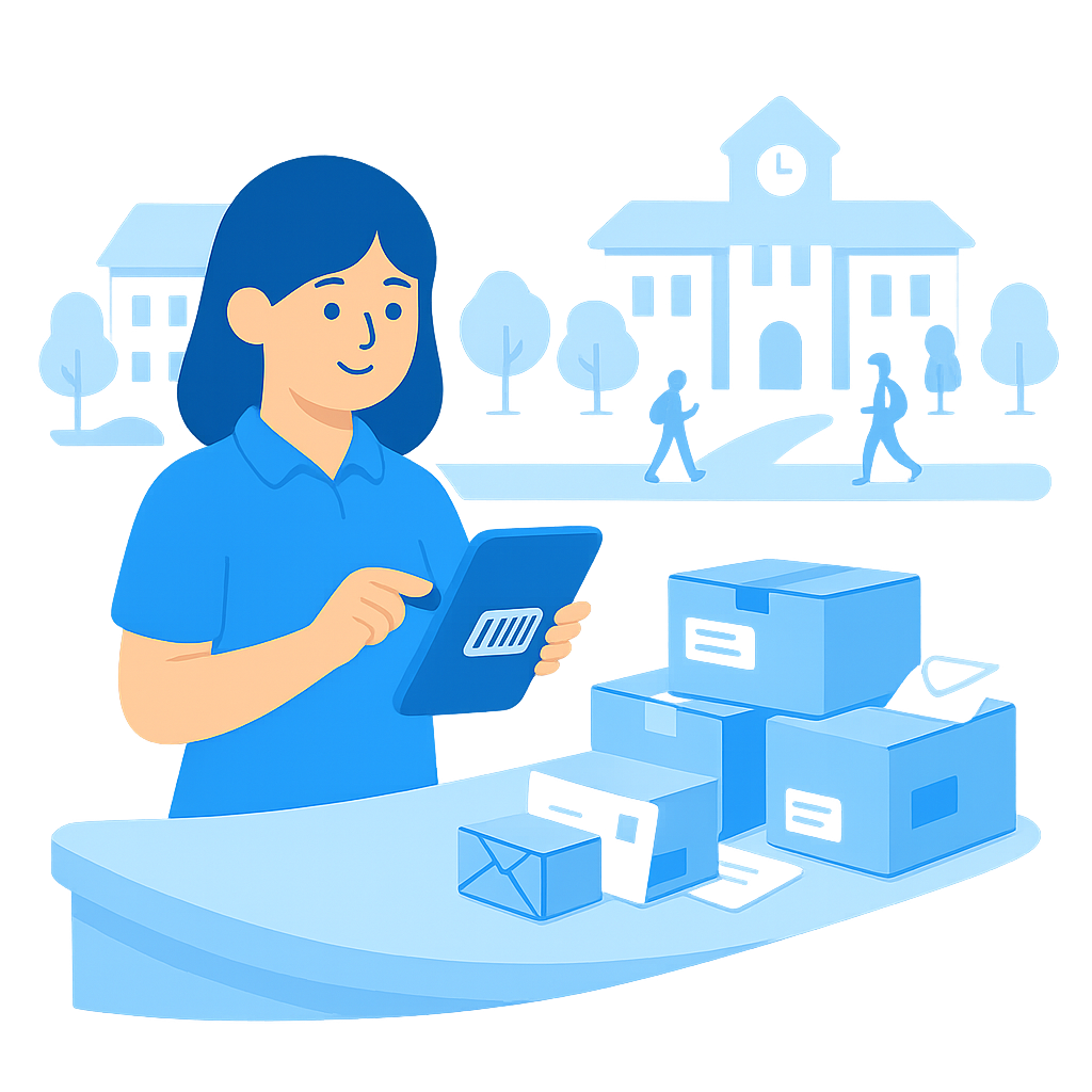 Staff using university mailroom software to scan parcels in a central campus mailroom
