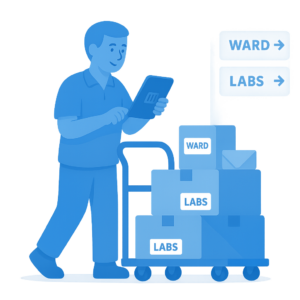Hospital porter using parcel tracking software to scan deliveries on a trolley in a corridor