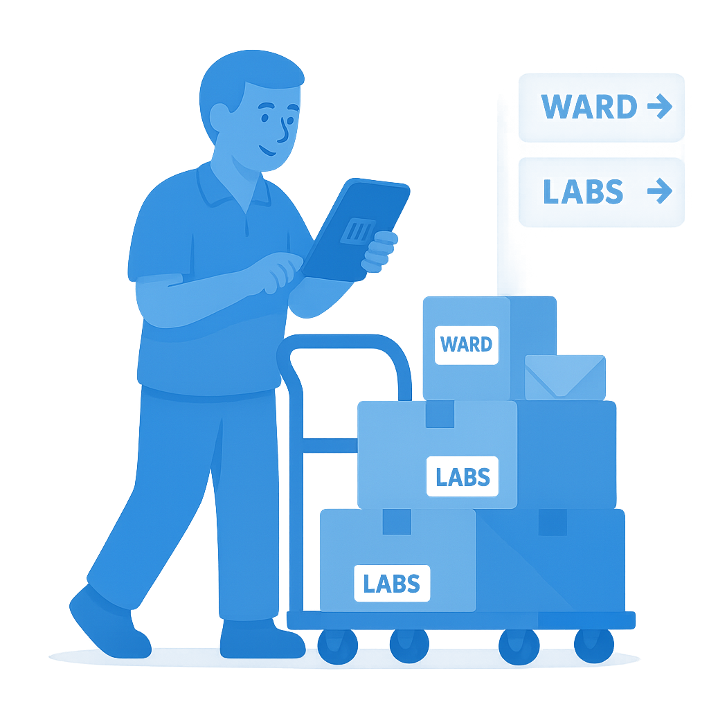 Hospital porter using parcel tracking software to scan deliveries on a trolley in a corridor