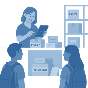 Receptionist using parcel management software to track parcels in student accommodation