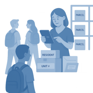 Concierge using apartment package management software to track deliveries in a residential lobby