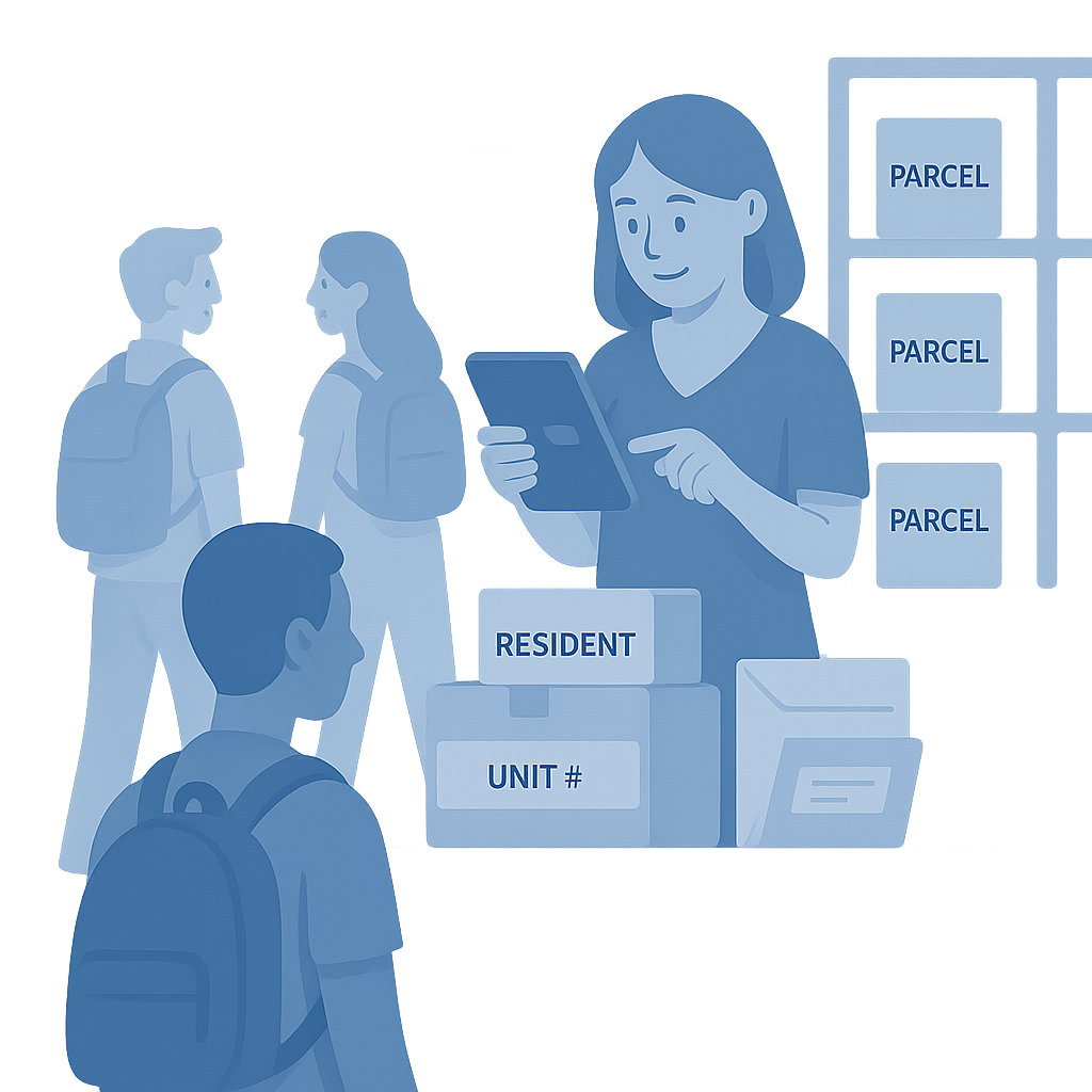 Concierge using apartment package management software to track deliveries in a residential lobby