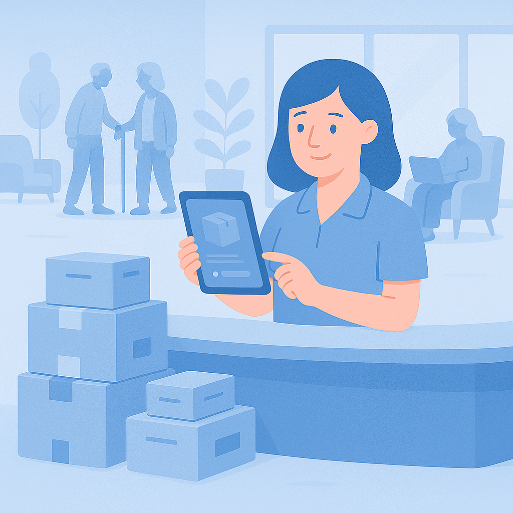Receptionist using care home package management software to track deliveries for residents