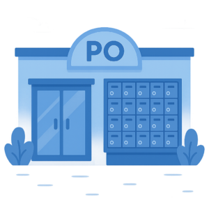 Postal worker using PO box management software to track parcels at a wall of PO boxes